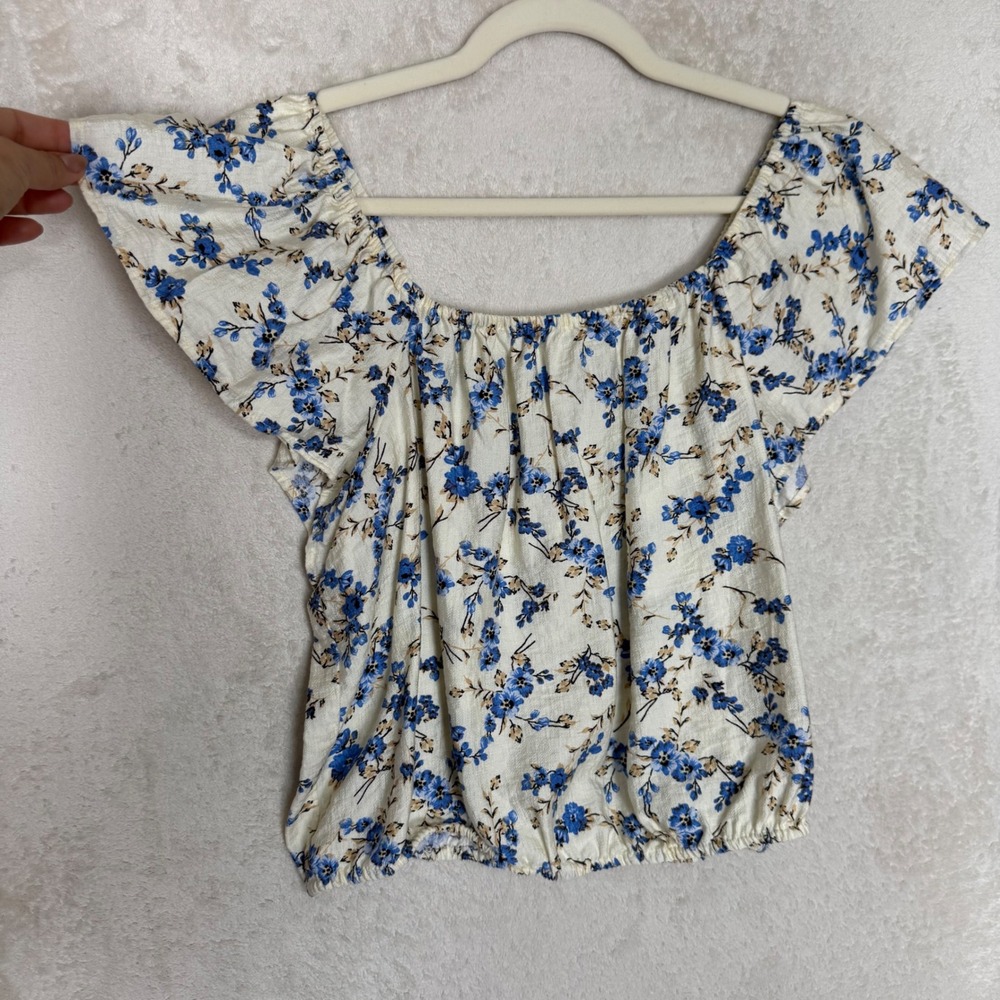 Blue Floral Milkmaid Peasant Top Cottagecore Coquette Romantic Blouse Size L